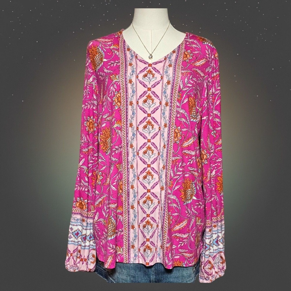 Belle Boho by Kim Gravel Pink Floral Paisley V-Neck Long Sleeve Blouse Small